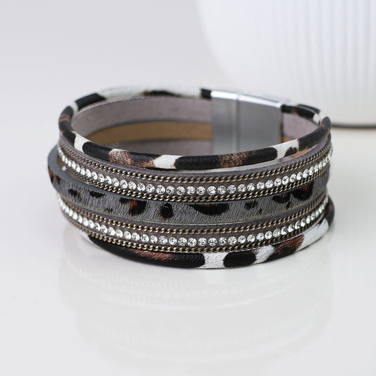 Animal Print & Crystal Multi Layered Magnetic Bracelet