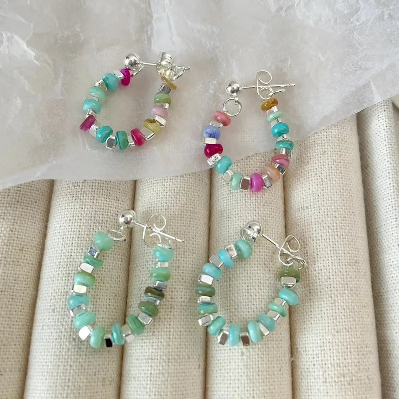 925 Sterling Silver Beaded Natural Stone Earrings | Multi Colour