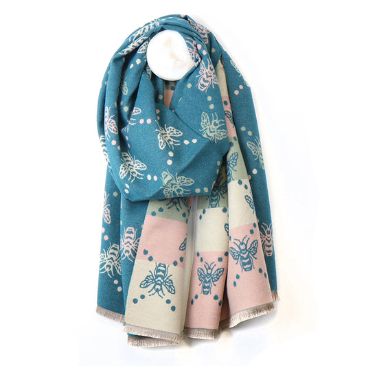 Teal Mix Bee & Stripe Jacquard Scarf