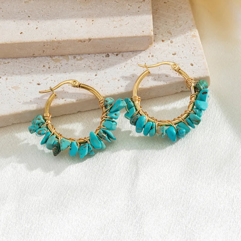 Bohemian Natural Stone Hoop Earrings | Turquoise