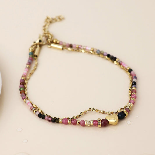 Waterproof Heart & Pink Beaded Layered Bracelet