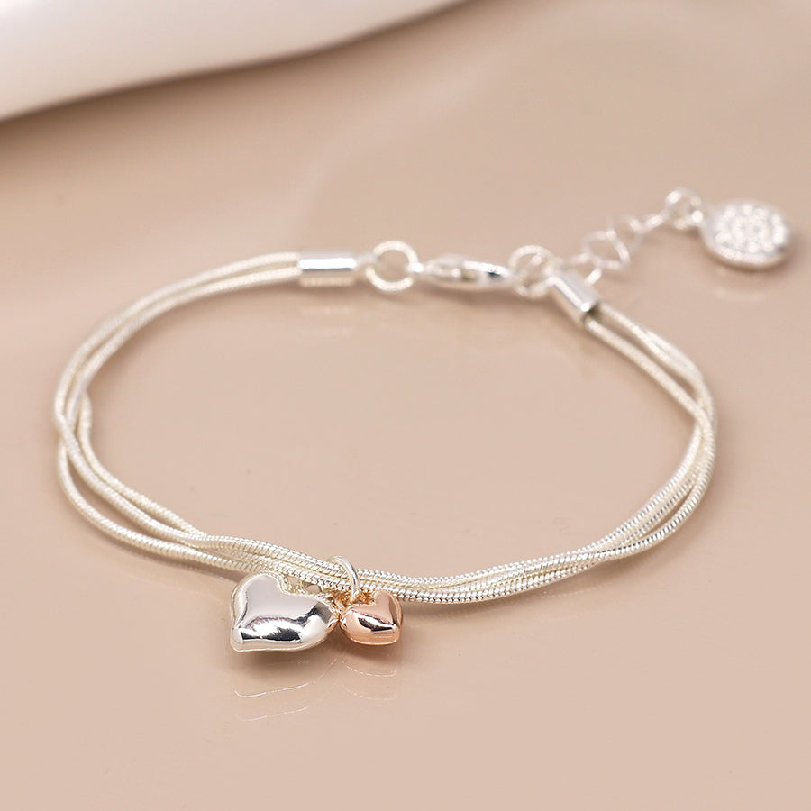 Triple Chain Bracelet With Puffed Hearts