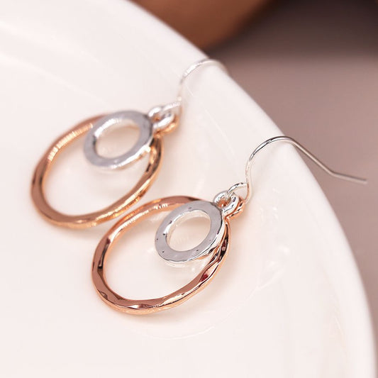 Two Tone Double Ring Drop Earrings