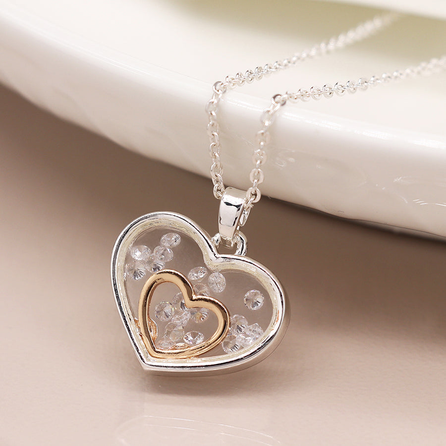 Two Tone Heart Frame Necklace With Crystals