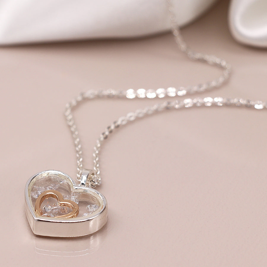 Two Tone Heart Frame Necklace With Crystals