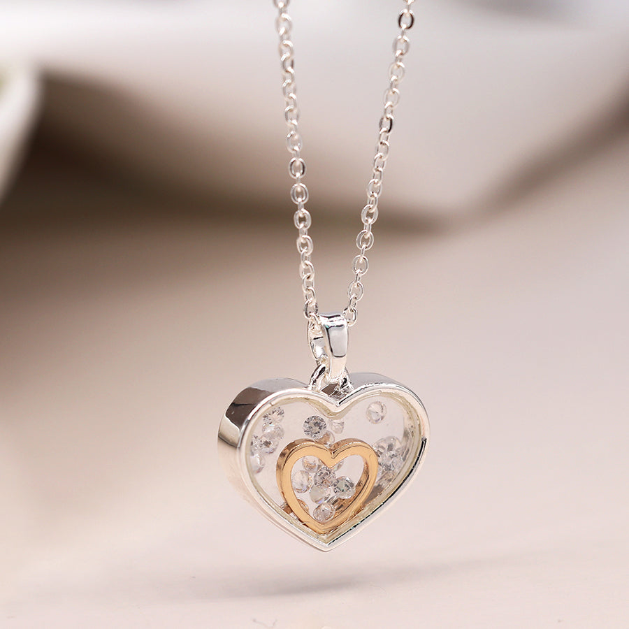 Two Tone Heart Frame Necklace With Crystals