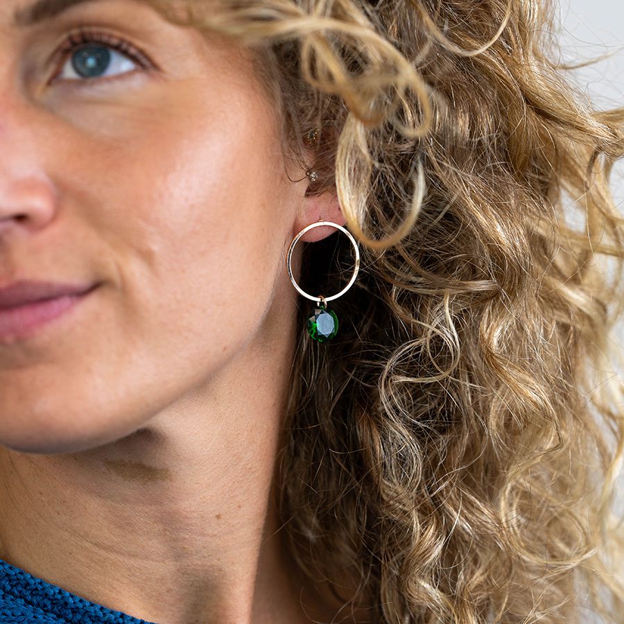 Golden Circle Drop Earrings With Green Crystal Drop