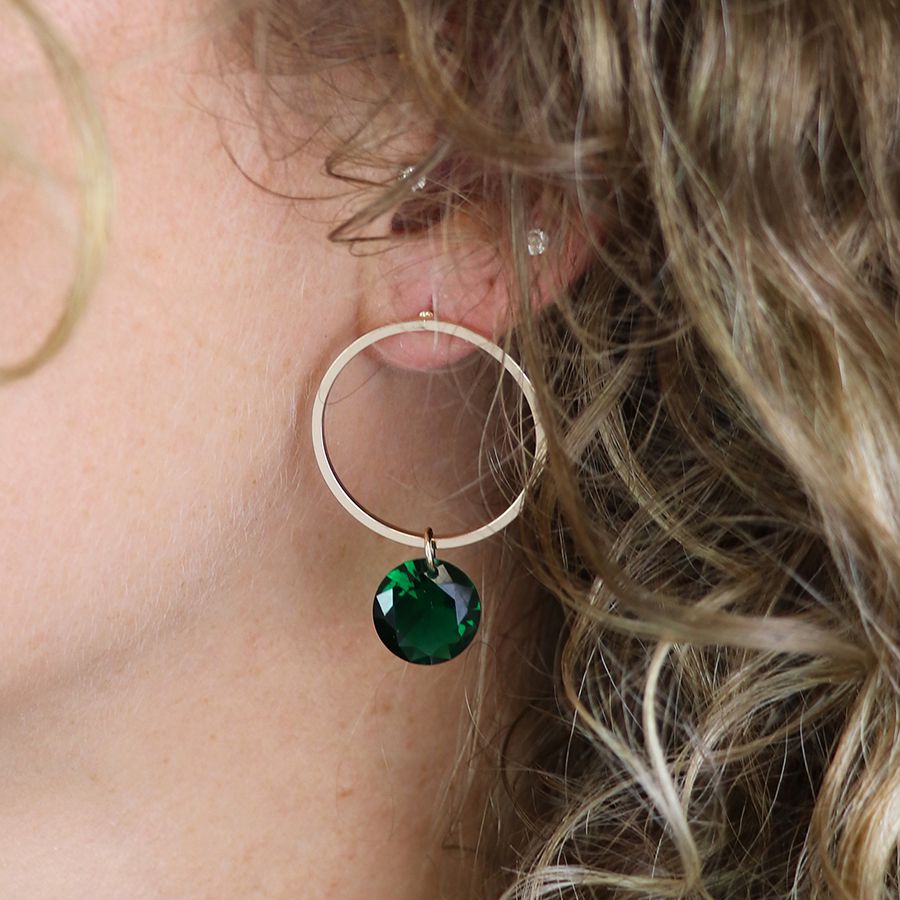 Golden Circle Drop Earrings With Green Crystal Drop