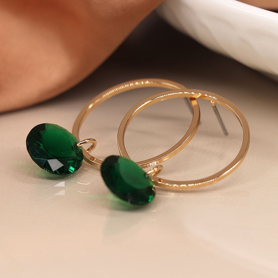 Golden Circle Drop Earrings With Green Crystal Drop