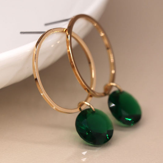 Golden Circle Drop Earrings With Green Crystal Drop