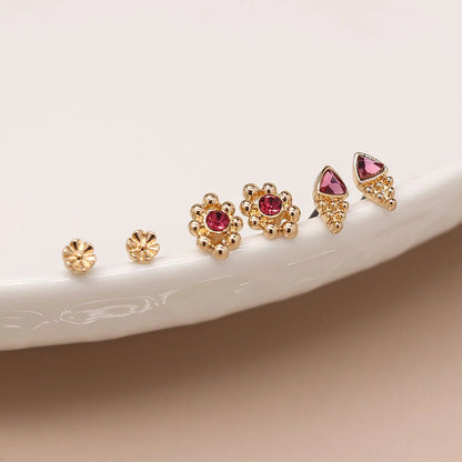 Triple Stud Set Earrings With Pink Crystal