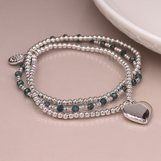 Blue Bead & Silver Multi Stack Heart Charm Bracelet