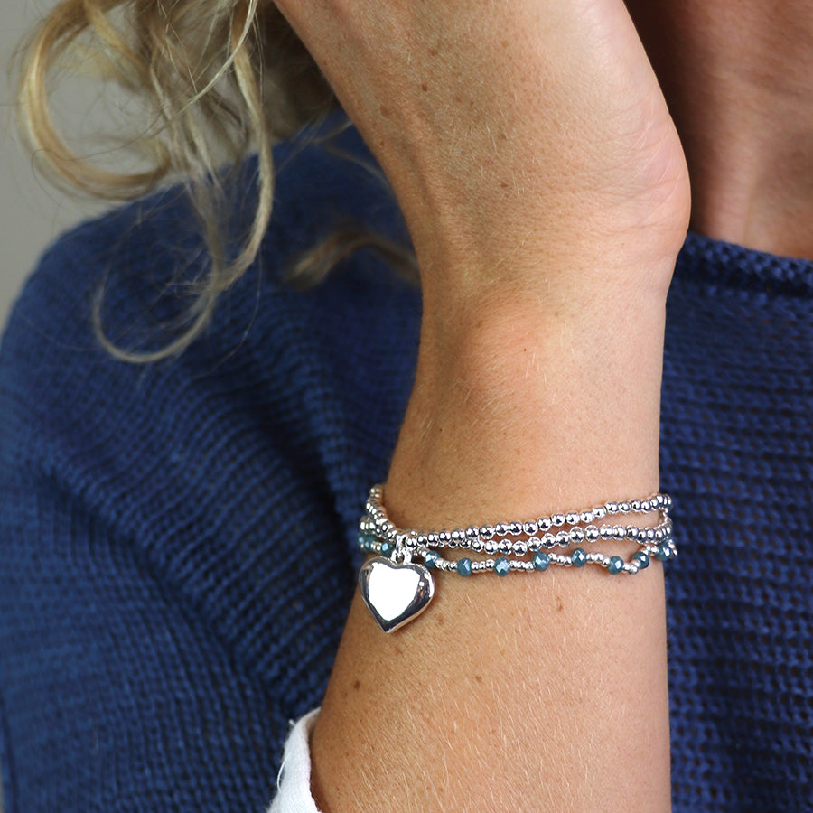 Blue Bead & Silver Multi Stack Heart Charm Bracelet