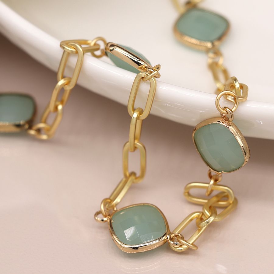 Gold Necklace With Aqua Square Stones