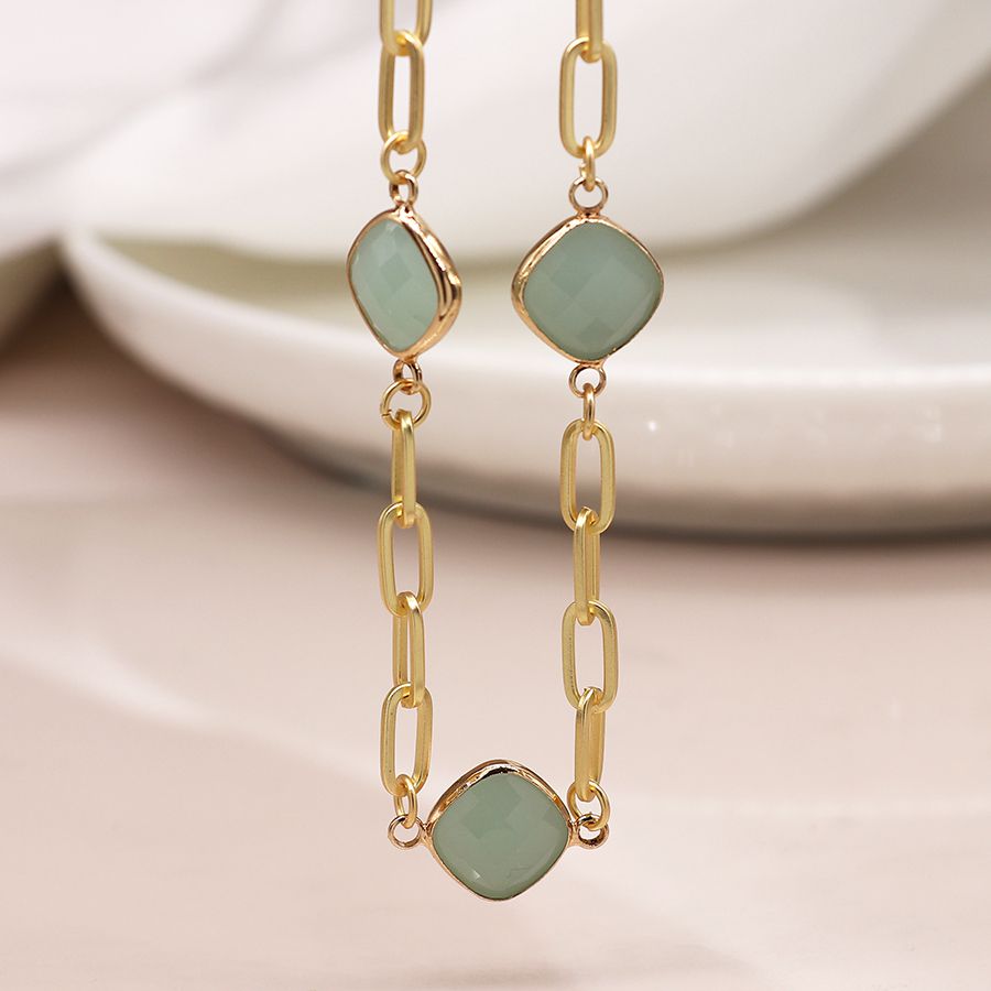 Gold Necklace With Aqua Square Stones