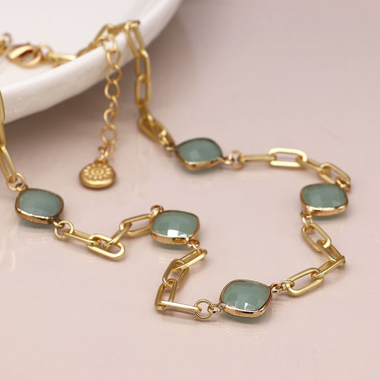 Gold Necklace With Aqua Square Stones