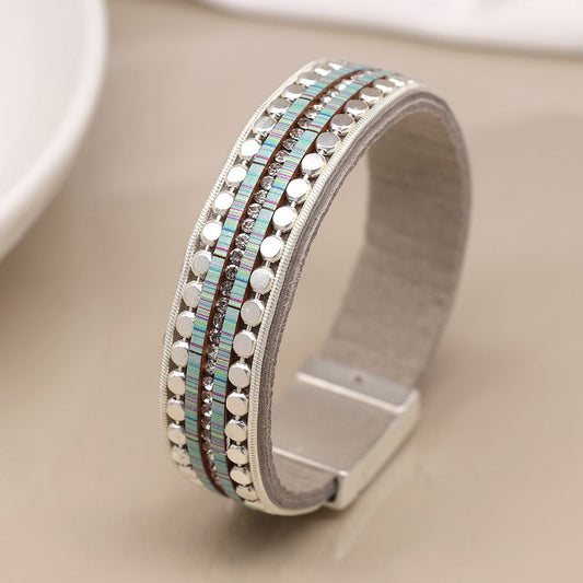 Grey, Aqua & Silver Wrap Leather Bracelet