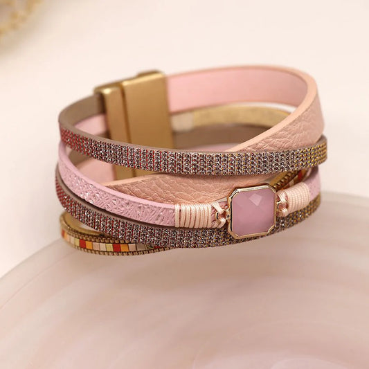 Pink Wrap Multi Strand Leather Bracelet With Square Stone