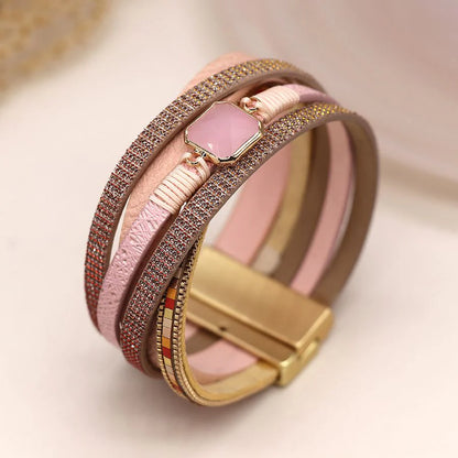 Pink Wrap Multi Strand Leather Bracelet With Square Stone