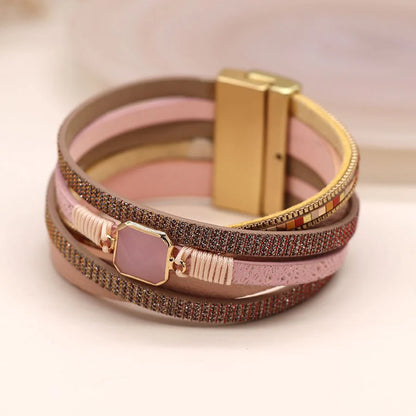 Pink Wrap Multi Strand Leather Bracelet With Square Stone