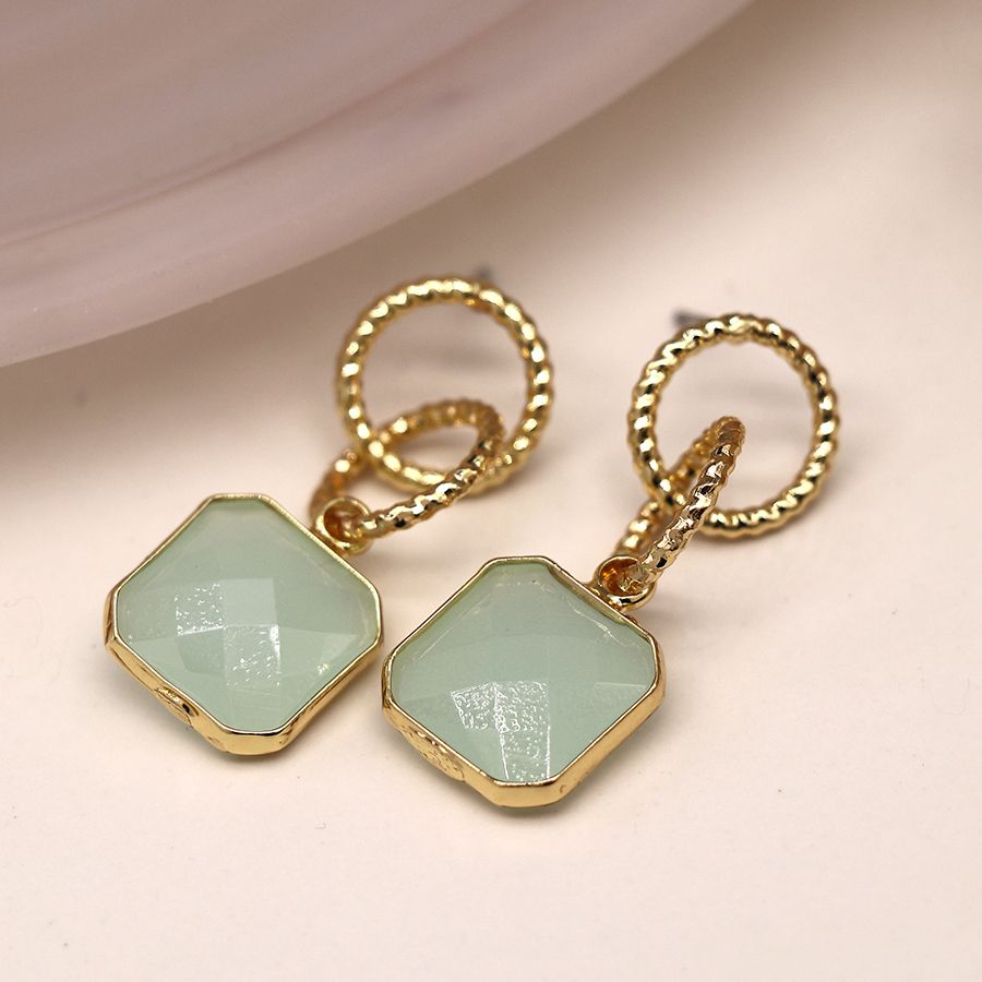 Golden Textured Hoop & Aqua Stone Earrings