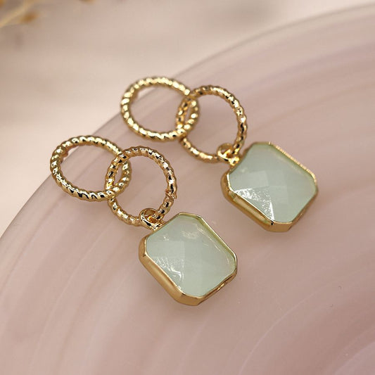 Golden Textured Hoop & Aqua Stone Earrings