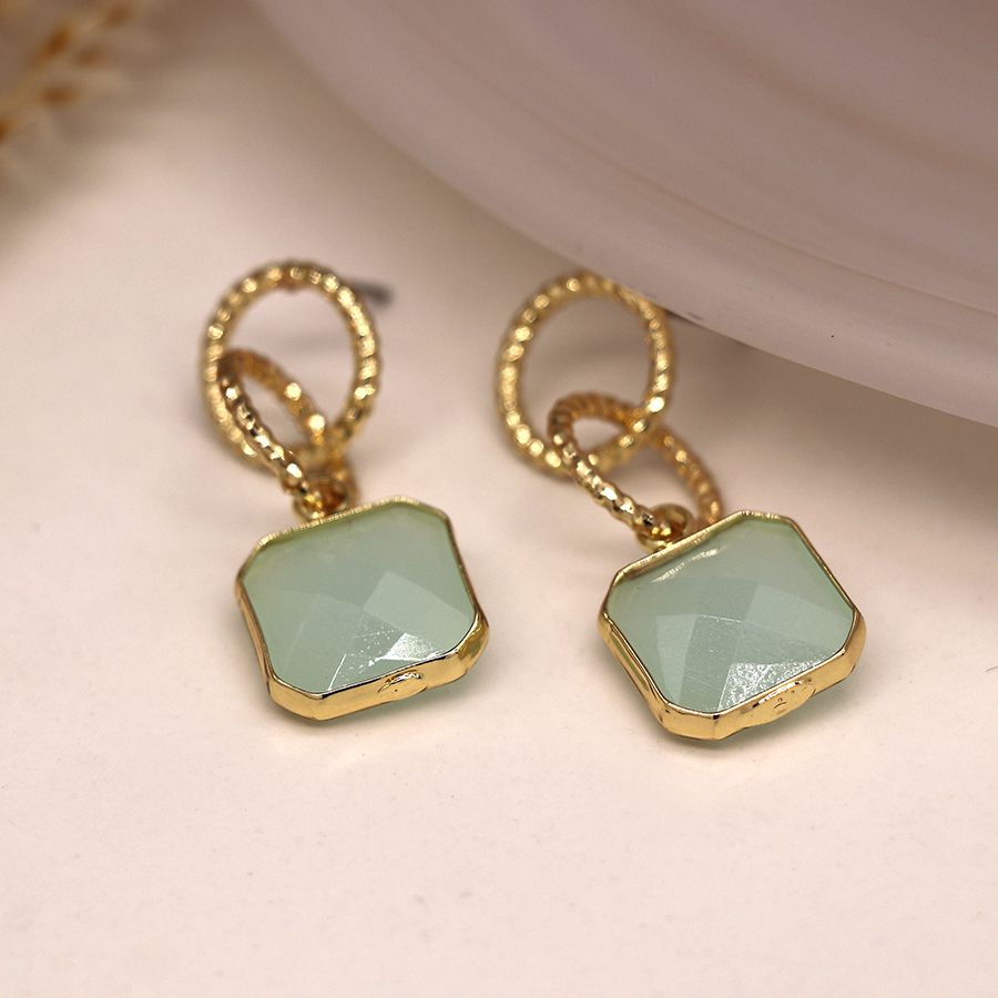 Golden Textured Hoop & Aqua Stone Earrings