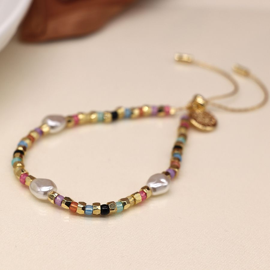 Multicolour Glass Bead & Pearl Adjustable Bracelet