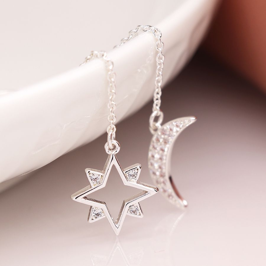 Crystal Moon & Star Pull Through Chain Earrings