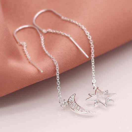 Crystal Moon & Star Pull Through Chain Earrings