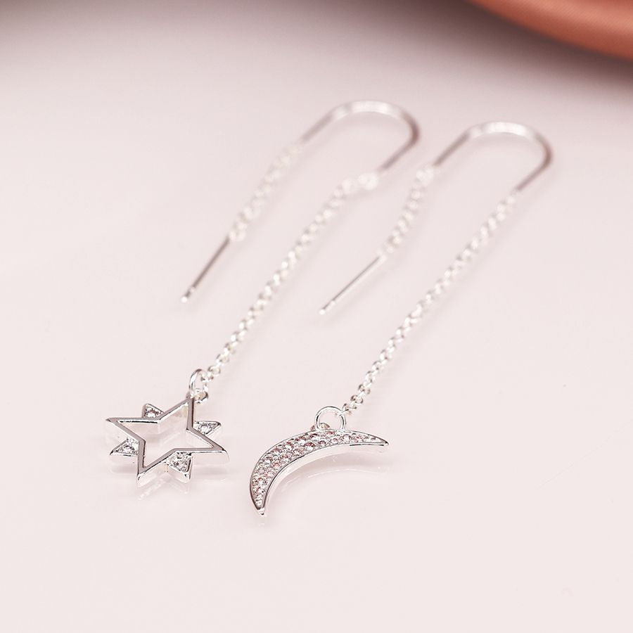 Crystal Moon & Star Pull Through Chain Earrings
