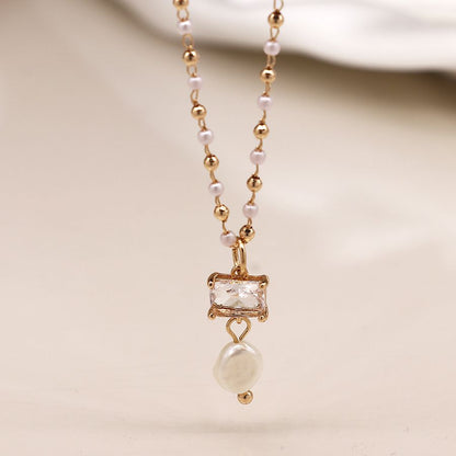 Bead & Pearl Necklace With Crystal & Pearl Drop