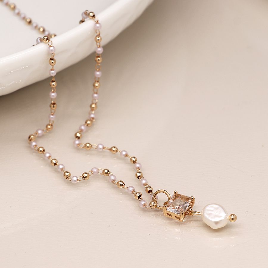 Bead & Pearl Necklace With Crystal & Pearl Drop