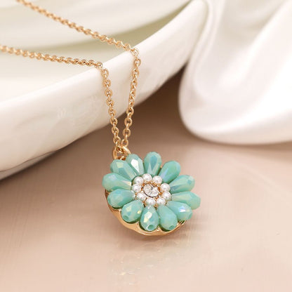 Aqua Bead Daisy Necklace With Pearls