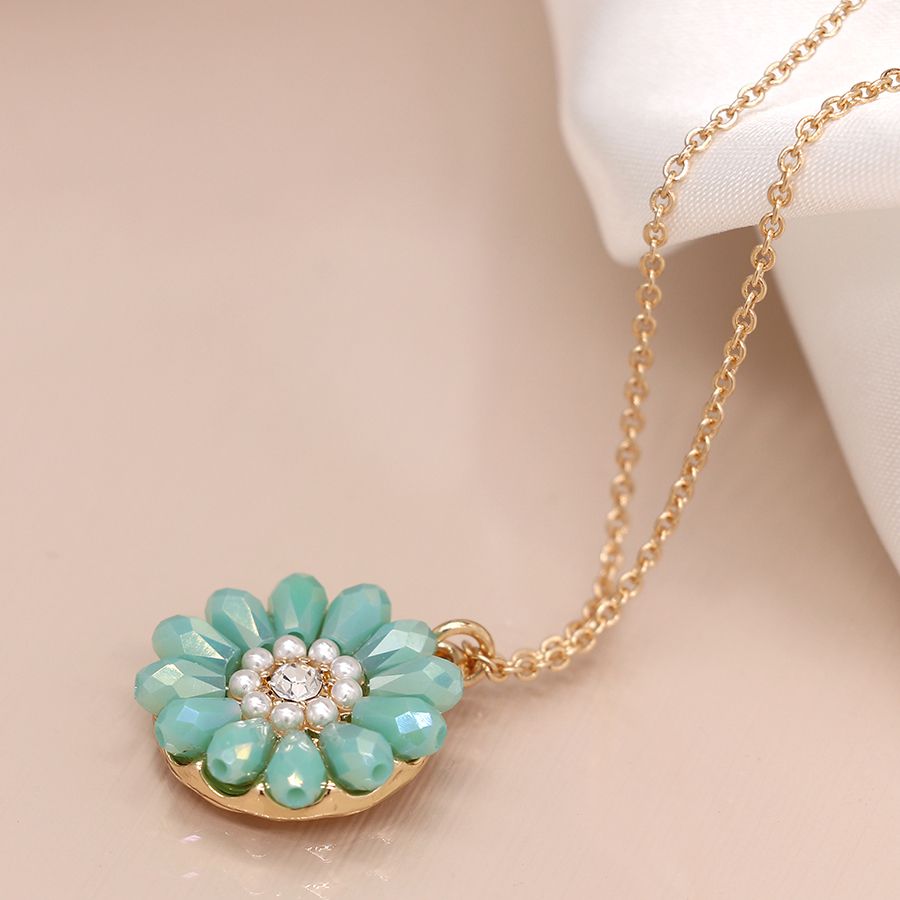 Aqua Bead Daisy Necklace With Pearls