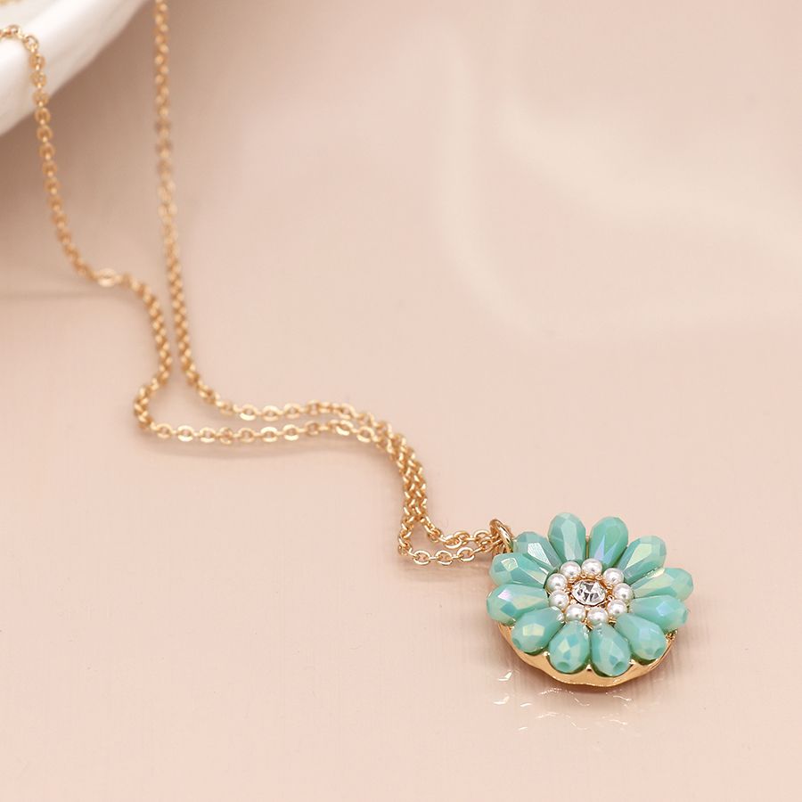 Aqua Bead Daisy Necklace With Pearls