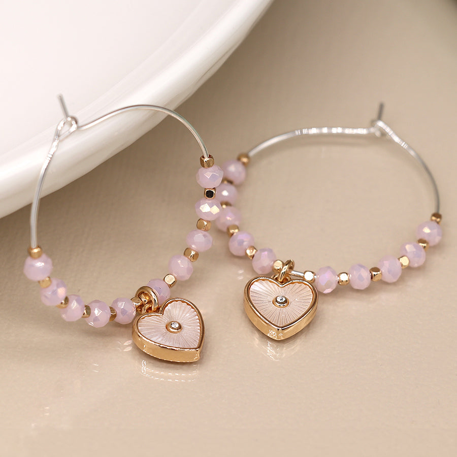 Wire Hoop Beaded Heart Earrings