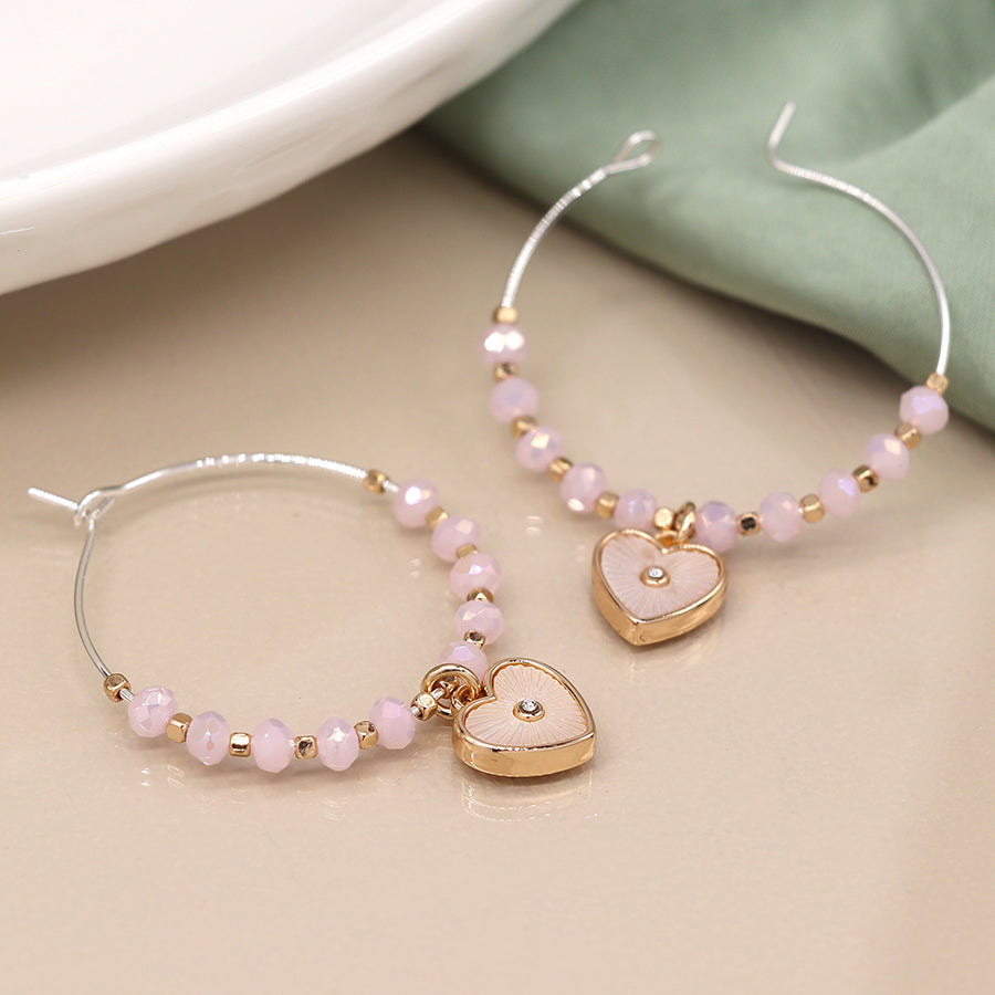 Wire Hoop Beaded Heart Earrings