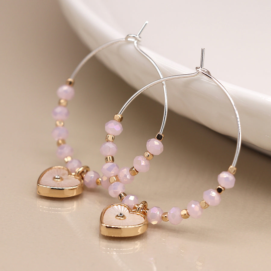 Wire Hoop Beaded Heart Earrings