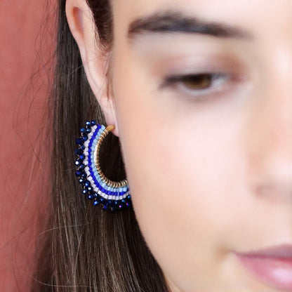 Blue Mix Beaded Fan Hoop Earring