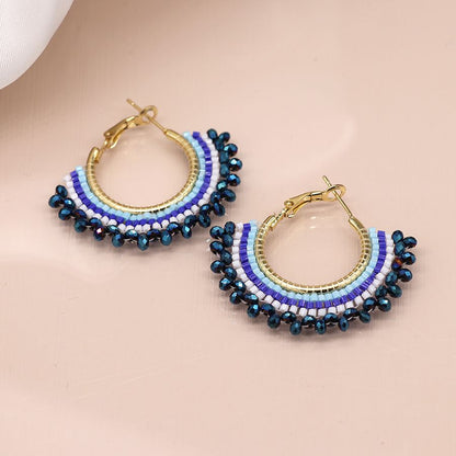 Blue Mix Beaded Fan Hoop Earring