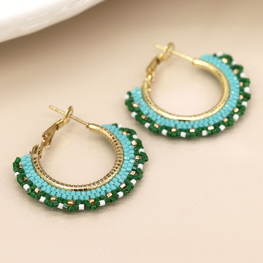 Green Mix Beaded Fan Hoop Earring