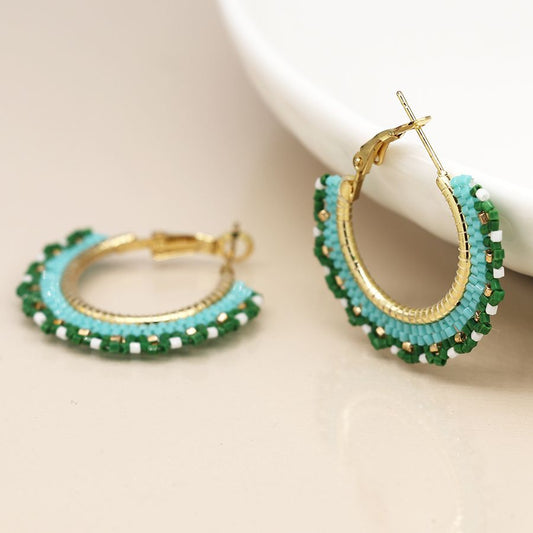 Green Mix Beaded Fan Hoop Earring