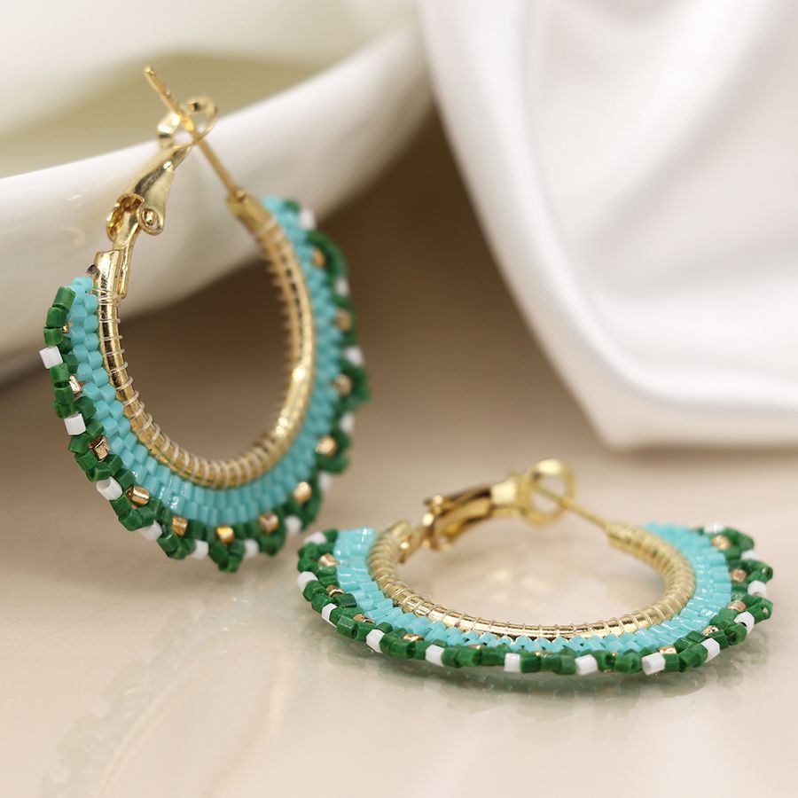 Green Mix Beaded Fan Hoop Earring