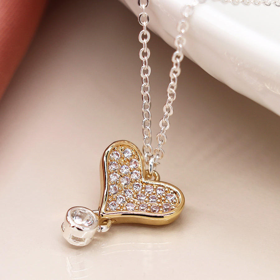 Crystal Heart Drop Two Tone Necklace