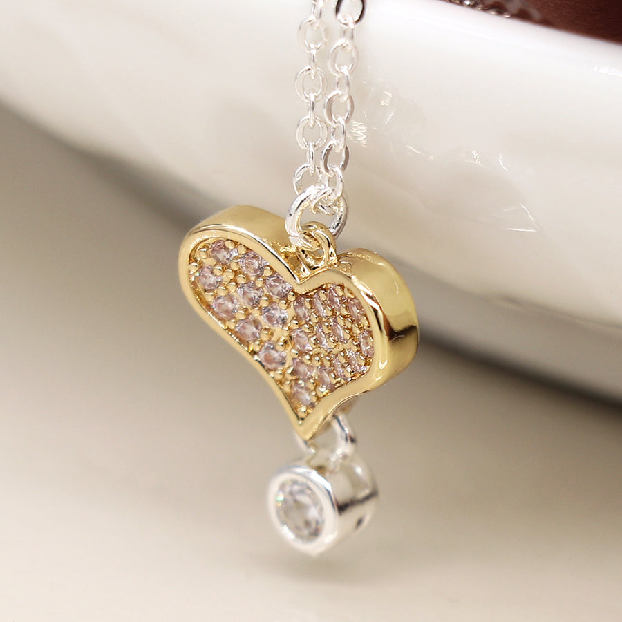 Crystal Heart Drop Two Tone Necklace