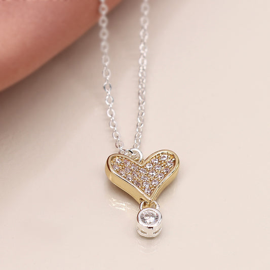 Crystal Heart Drop Two Tone Necklace