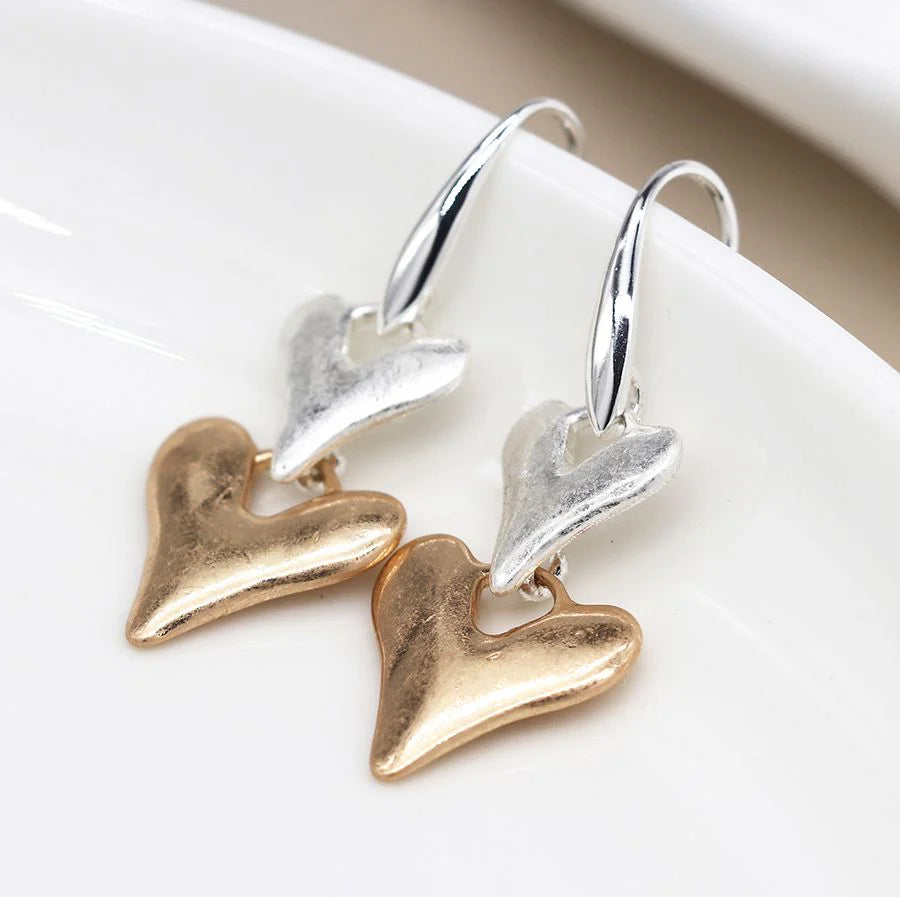 Two Tone Double Heart Drop Earrings