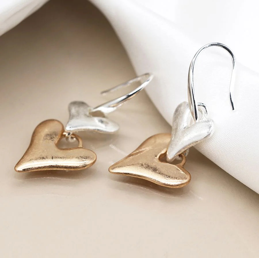 Two Tone Double Heart Drop Earrings