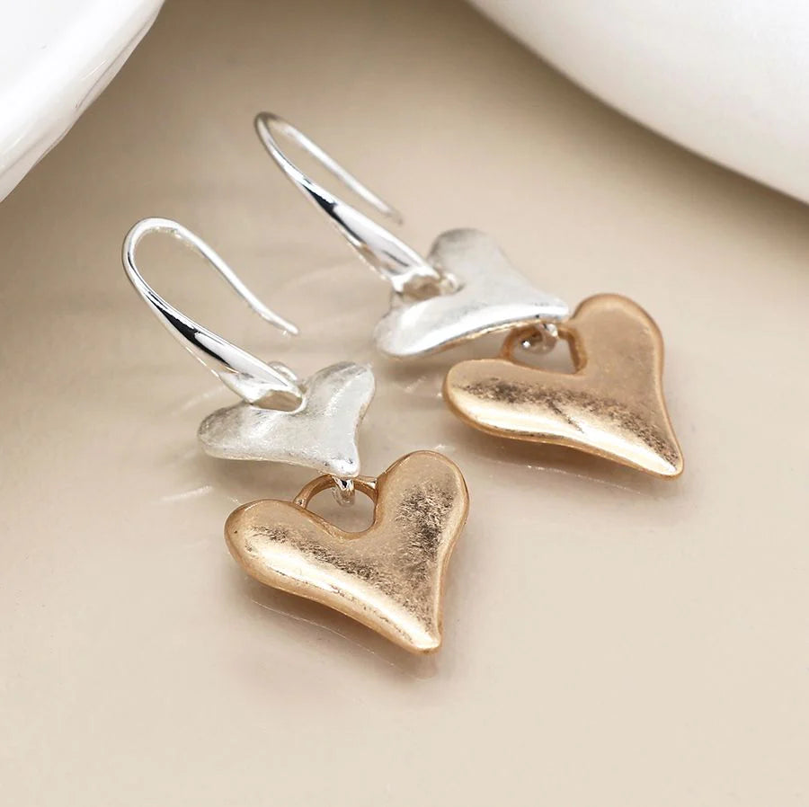 Two Tone Double Heart Drop Earrings